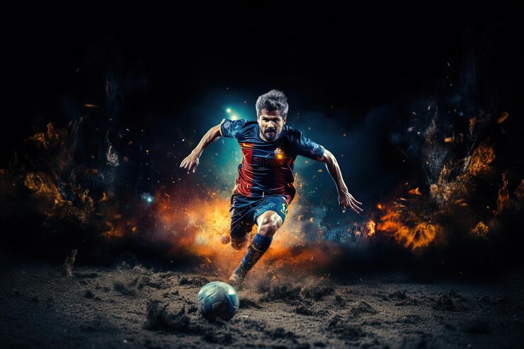 Foto jugador de fútbol corriendo con la pelota polvo luces de colores aisladas en negro