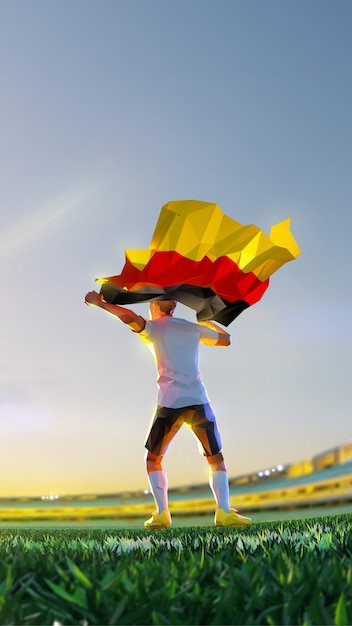 Jugador de fútbol después del campeonato de juego ganador mantenga la bandera de Alemania. estilo poligonal