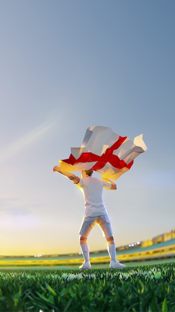 Jugador de fútbol después del campeonato de juego ganador mantenga la bandera de Inglaterra. estilo poligonal