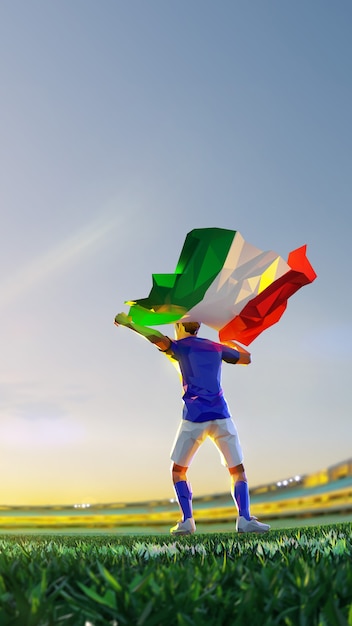 Jugador de fútbol después del campeonato de juego ganador mantenga la bandera de Italia. estilo poligonal