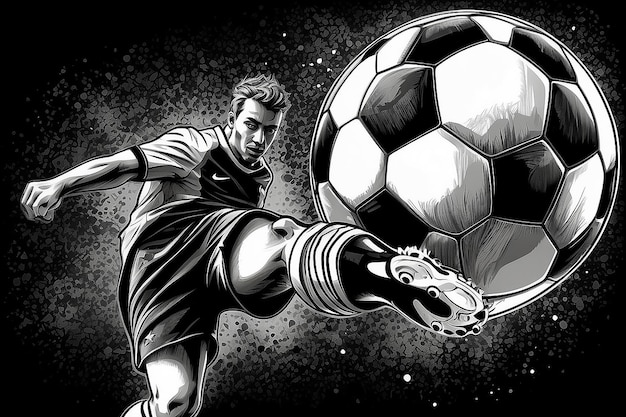 Foto jugador de fútbol dibujo de tinta de acción de un atleta pateando una pelota