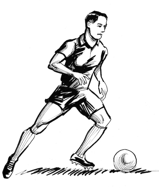 Jugador de fútbol. Dibujo a tinta en blanco y negro