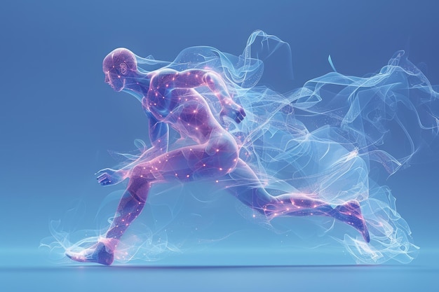 Jugador de fútbol dinámico en acción Una ilustración de arte digital vibrante de un futbolista MidStrike rodeado de senderos de luz energéticos