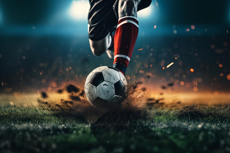 Un jugador de fútbol driblando y pateando una pelota en un campo