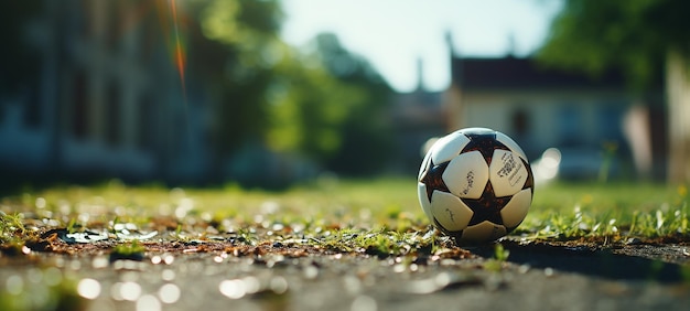 Jugador de fútbol estrella de fútbol en la hierba con balón de fútbol