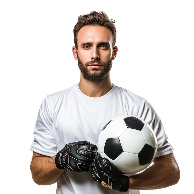 Foto jugador de fútbol guapo con la pelota en la mano aislado