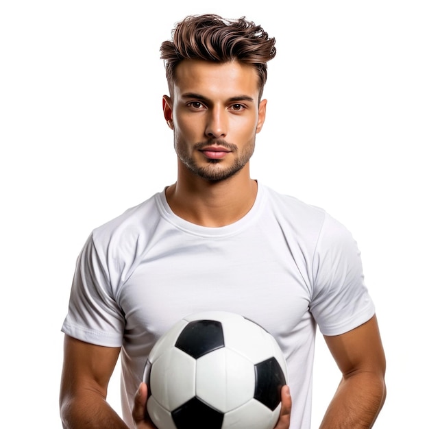 Jugador de fútbol guapo con la pelota en la mano aislado