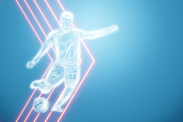 Jugador de fútbol de holograma sobre un fondo azul. El concepto de apuestas deportivas, fútbol, juegos de azar, transmisión en línea de fútbol. Ilustración 3D, render 3D.