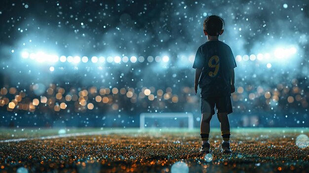 Foto un jugador de fútbol infantil de pie con la pelota en el medio del campo de fútbol en el estadio