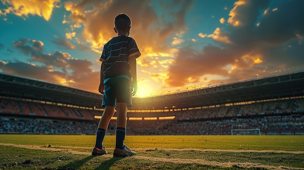 Foto un jugador de fútbol infantil de pie con la pelota en el medio del campo de fútbol en el estadio