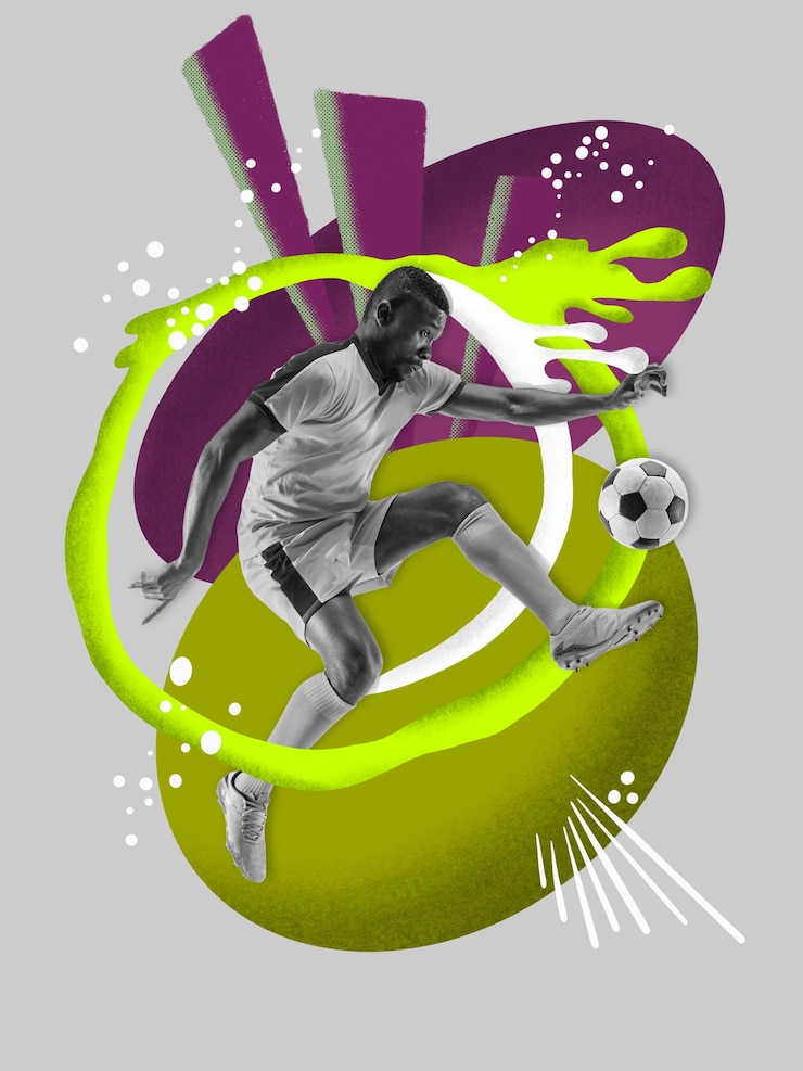 Foto jugador de fútbol masculino joven con coloridos dibujos artísticos en estilo cómic