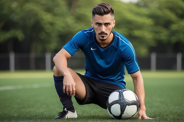 Foto jugador de fútbol masculino con la pelota en el campo de hierba