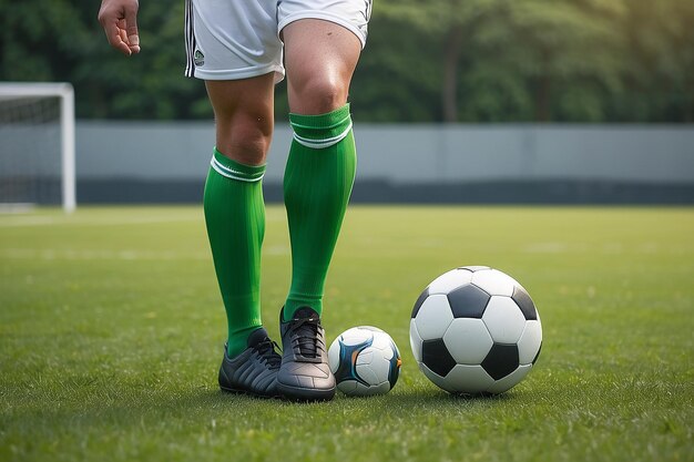 Jugador de fútbol masculino con la pelota en el campo de hierba