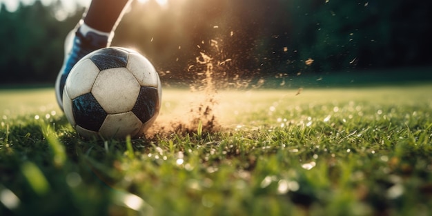 Jugador de fútbol o fútbol jugando con la pelota en el estadio IA generativa