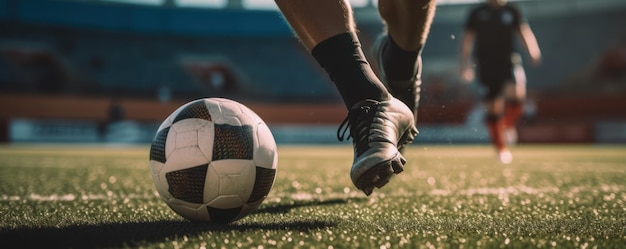 Jugador de fútbol o fútbol jugando con la pelota en el estadio IA generativa