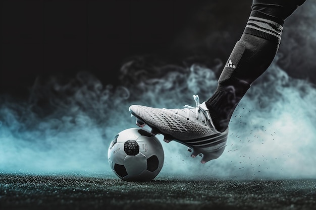 El jugador de fútbol patea la pelota en movimiento en una representación tridimensional de tiro cercano activo IA generativa