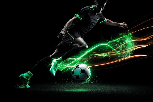 Jugador de fútbol pateando una pelota con efecto de luz verde sobre fondo negro