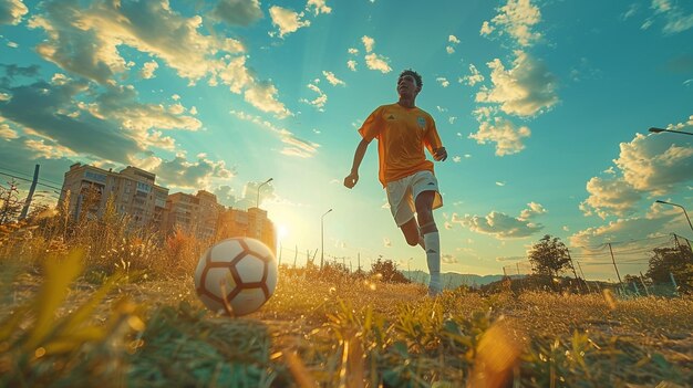 Foto un jugador de fútbol está pateando una pelota de fútbol
