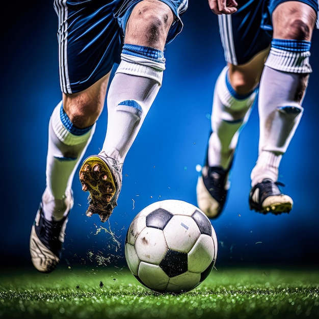 Foto jugador de fútbol pateando la pelota un futbolista lleno de acción en el campo