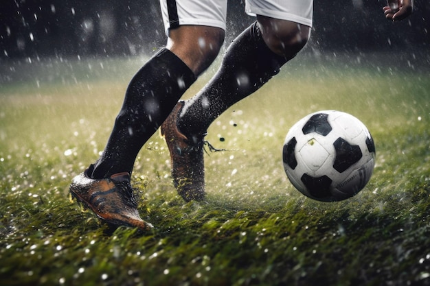 Jugador de fútbol pateando una pelota bajo la lluvia