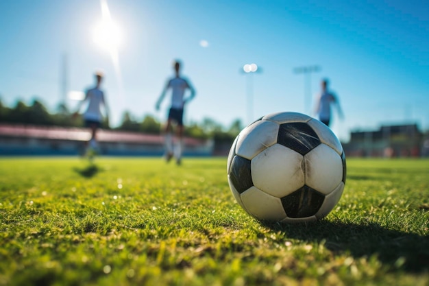 Jugador de fútbol con la pelota en el césped del campo