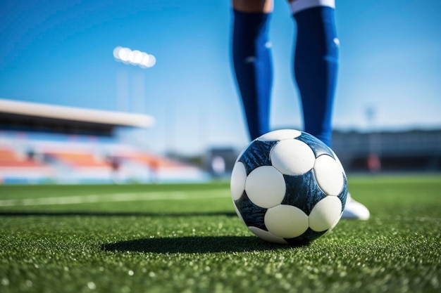 Jugador de fútbol con la pelota en el césped del campo