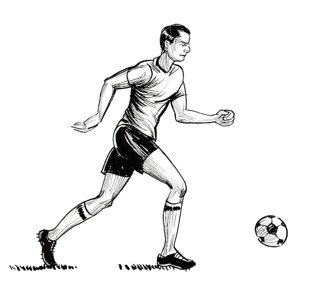 Jugador de fútbol con pelota. Dibujo a tinta en blanco y negro