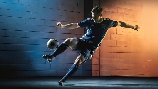 Un jugador de fútbol profesional entrenando aislado en una pared de pendiente