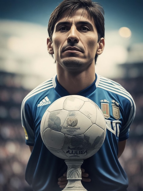 Jugador de fútbol profesional masculino con una camiseta de la selección argentina con el número diez en el