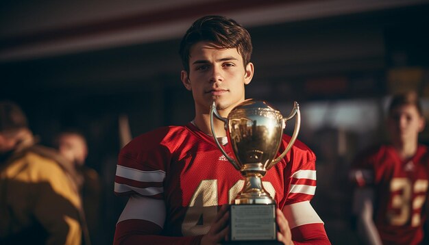 Jugador de fútbol sosteniendo el trofeo en la plataforma