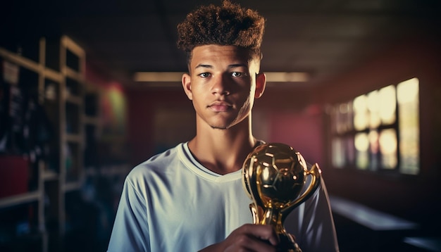 Foto jugador de fútbol sosteniendo el trofeo en la plataforma