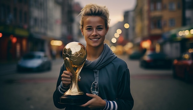 Jugador de fútbol sosteniendo el trofeo en la plataforma