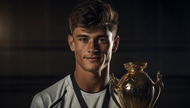 Foto jugador de fútbol sosteniendo el trofeo en la plataforma