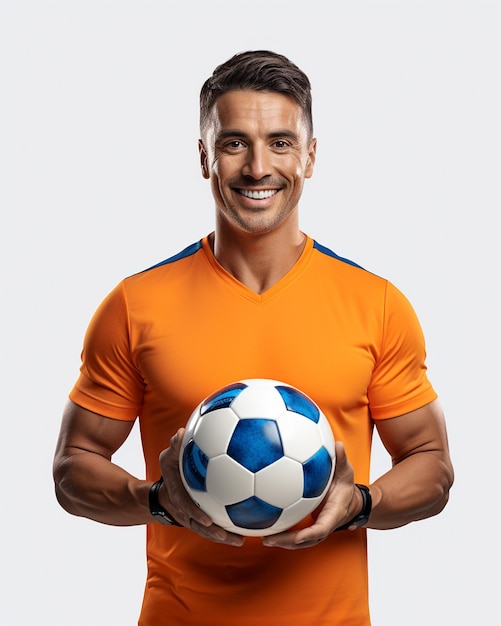 Foto un jugador de fútbol sostiene la pelota aislada sobre un fondo blanco