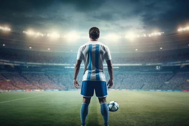 Un jugador de fútbol con un uniforme azul y blanco está de pie en un campo con la pelota.