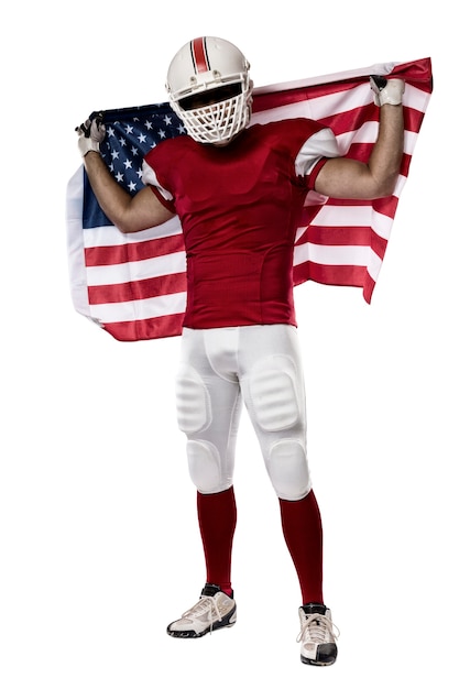 Jugador de fútbol con un uniforme rojo y una bandera americana, en blanco