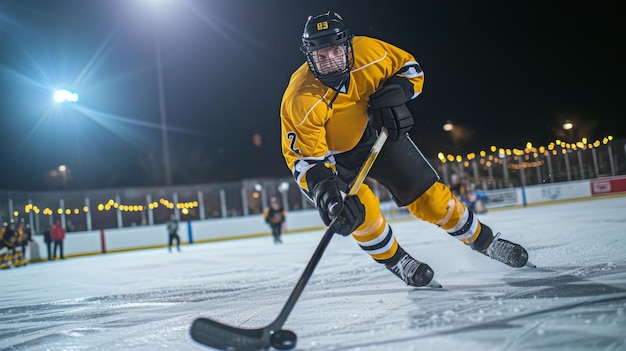 Jugador de hockey de amarillo practicando en la pista de hielo con reflejos y rastros de luz bajo el cielo del crepúsculo