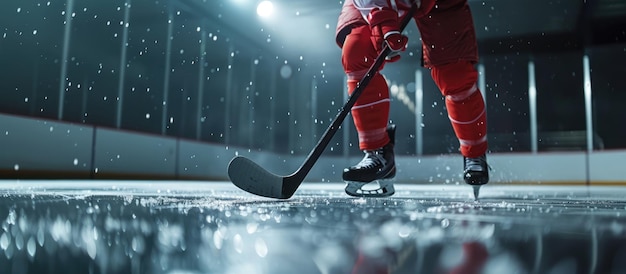 Jugador de hockey generativo de IA patinando con palo y disco en un estadio de pista de hielo deportivo