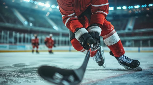 Jugador de hockey generativo de IA patinando con palo y disco en un estadio de pista de hielo deportivo