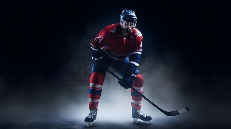 Jugador de hockey sobre hielo en un cuarto oscuro