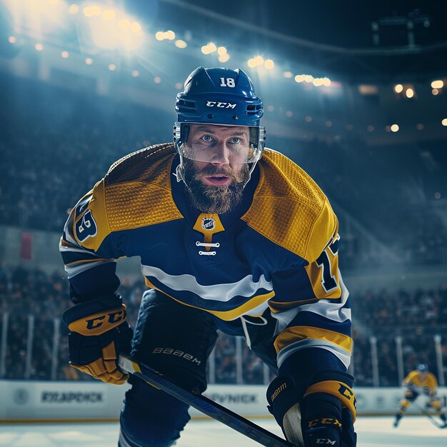 Un jugador de hockey sobre hielo en un juego en el estadio