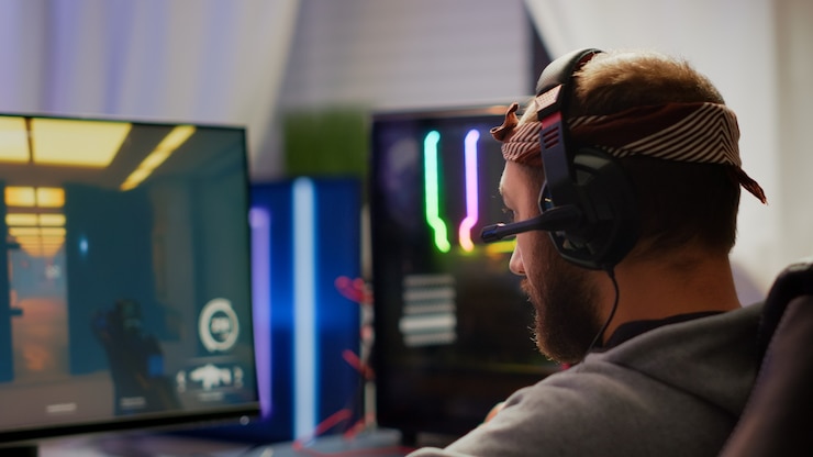 Foto jugador de hombre enfocado poniendo auriculares jugando videojuego de disparos en línea en una computadora potente rgb en la sala de estar a altas horas de la noche. campeonato de juegos de transmisión cibernética profesional, participando en el torneo de esports