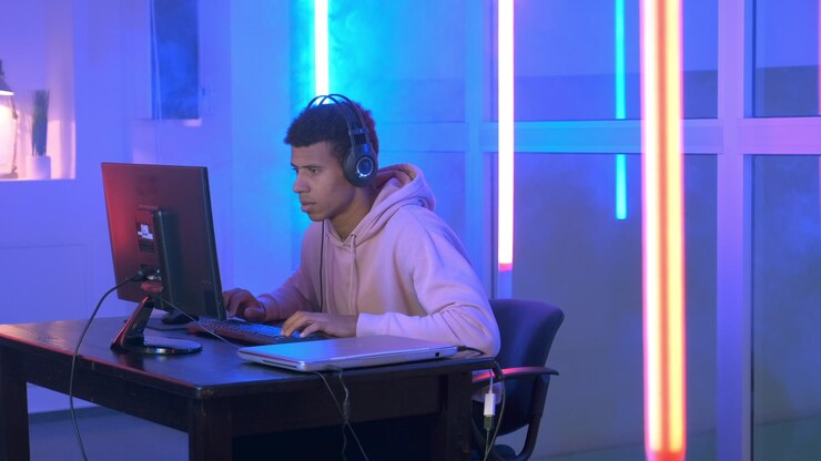 Foto jugador jugando videojuegos en la computadora en la mesa en casa