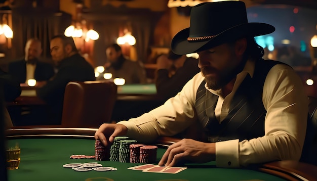 Un jugador occidental jugando al póquer en un salón con poca luz.