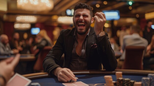 Jugador de póquer feliz celebrando dentro de una sala de póquer