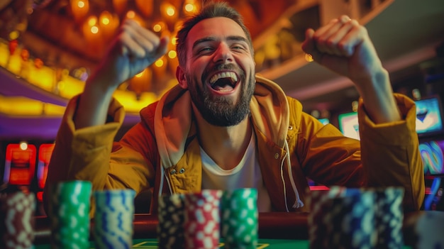 Jugador de póquer feliz celebrando dentro de una sala de póquer