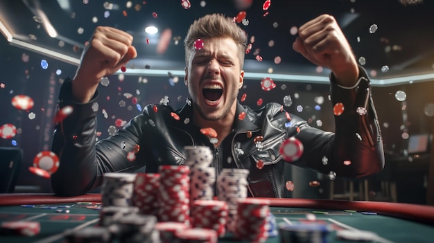 Jugador de póquer feliz celebrando dentro de una sala de póquer