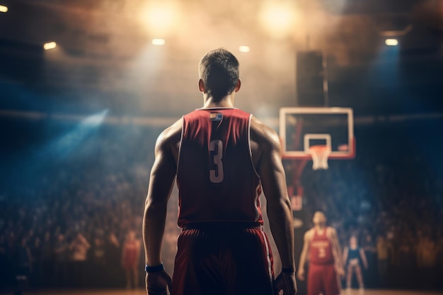 Jugador profesional de baloncesto de pie en la cancha listo para jugar