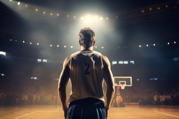 Jugador profesional de baloncesto de pie en la cancha listo para jugar