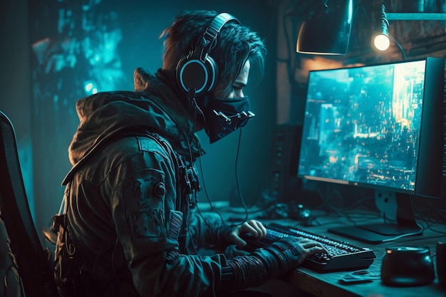 Jugador profesional de eSports que participa en juegos en línea en una computadora con auriculares y fondo de sala de juegos Cyberpunk AI